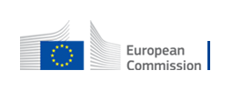 Logo of the European Commission, 12 yellow stars on a blue background arranged in a circle and framed by two light grey graphic elements representing the Berlaymont building, which is the headquarter of the European Commission.